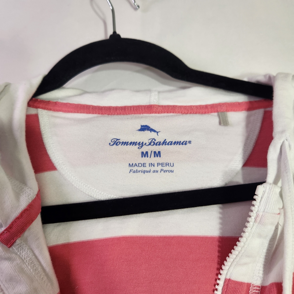 ⭐️Tommy Bahama Pink White Striped Zip Up Hoodie Medium Resort Beach Coastal - Picture 5 of 8